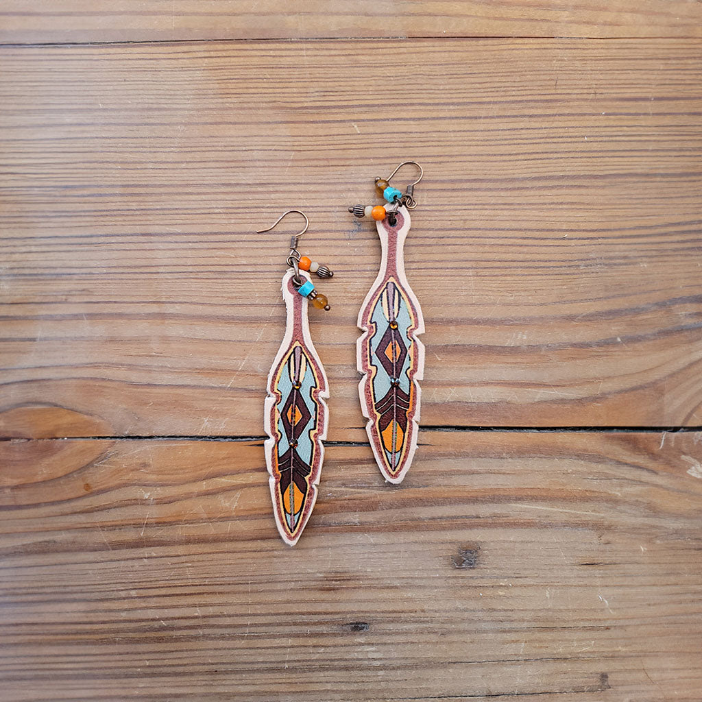 Copper Feather Leather Earrings #2-17