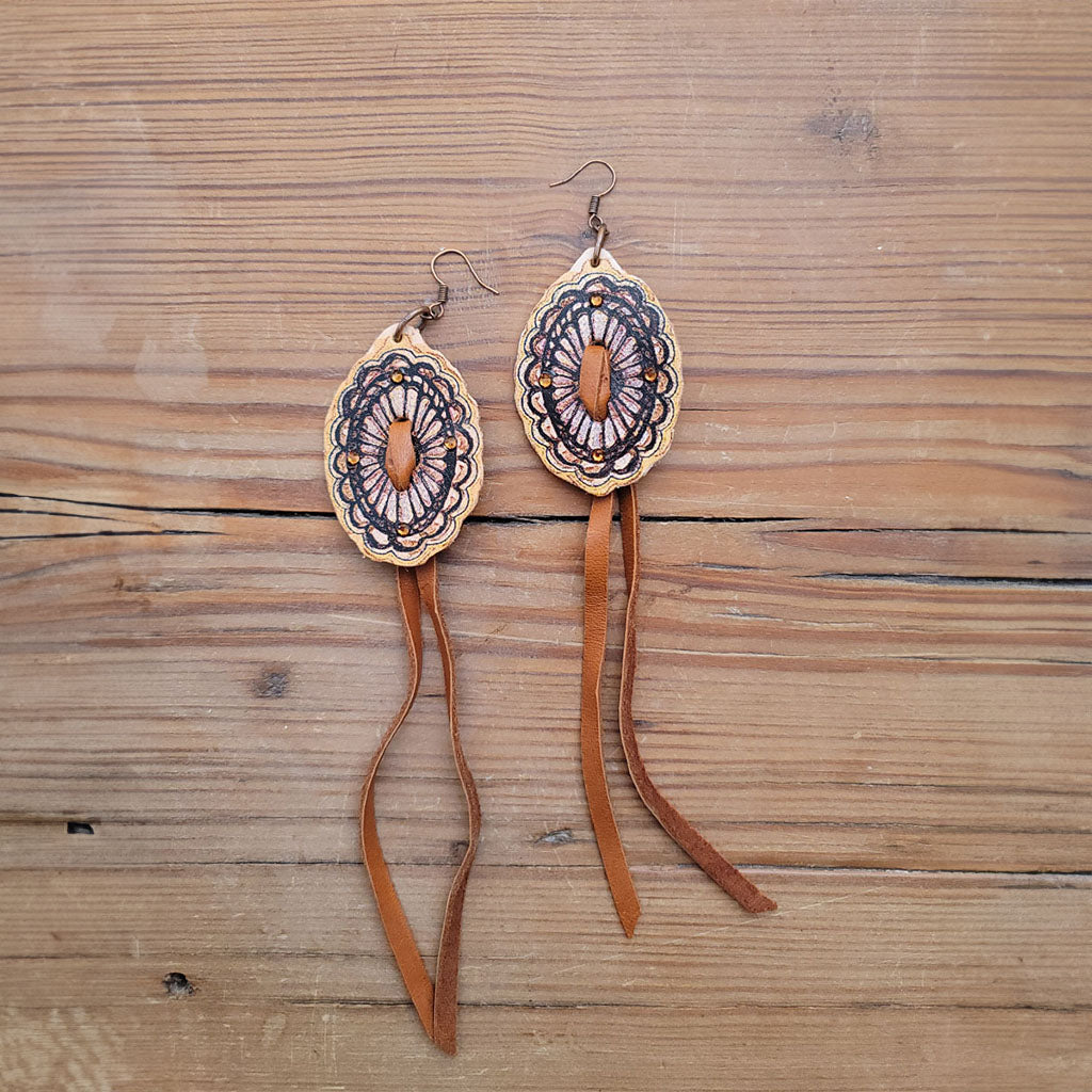 Oval Concho Leather Earrings #2-73