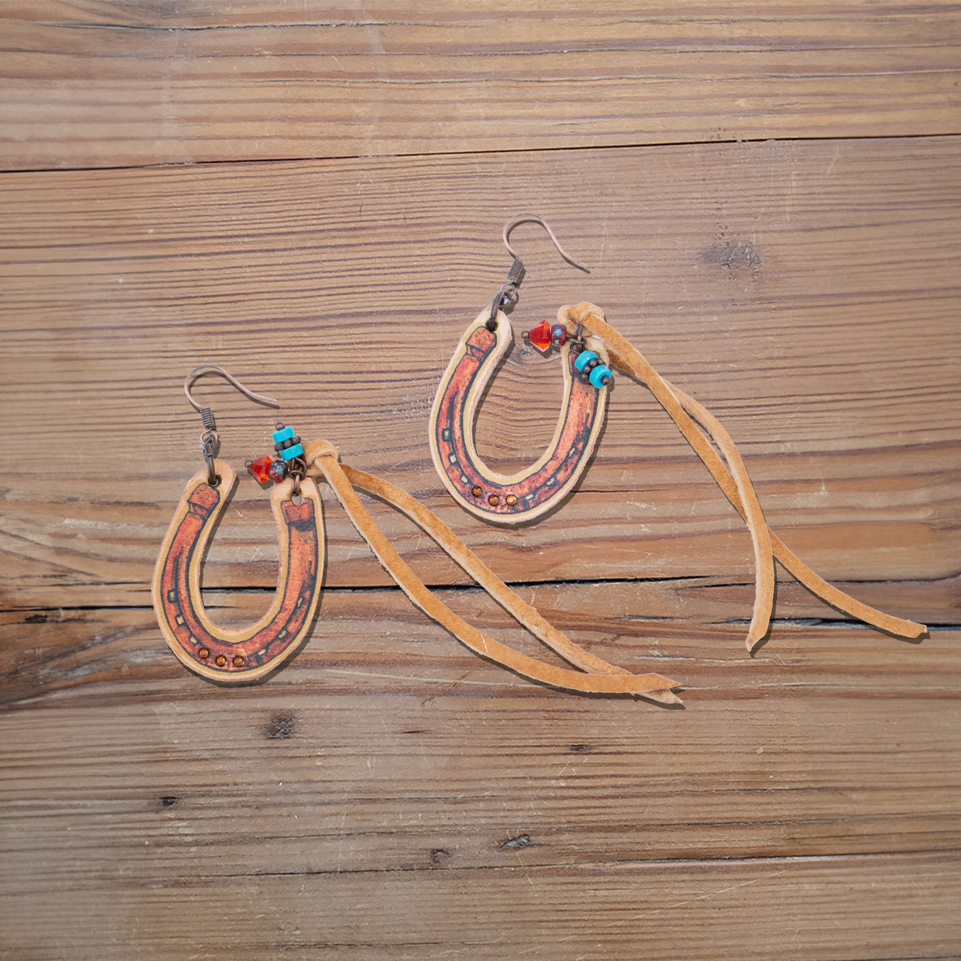 Rust Horseshoe Leather Earrings #2-20