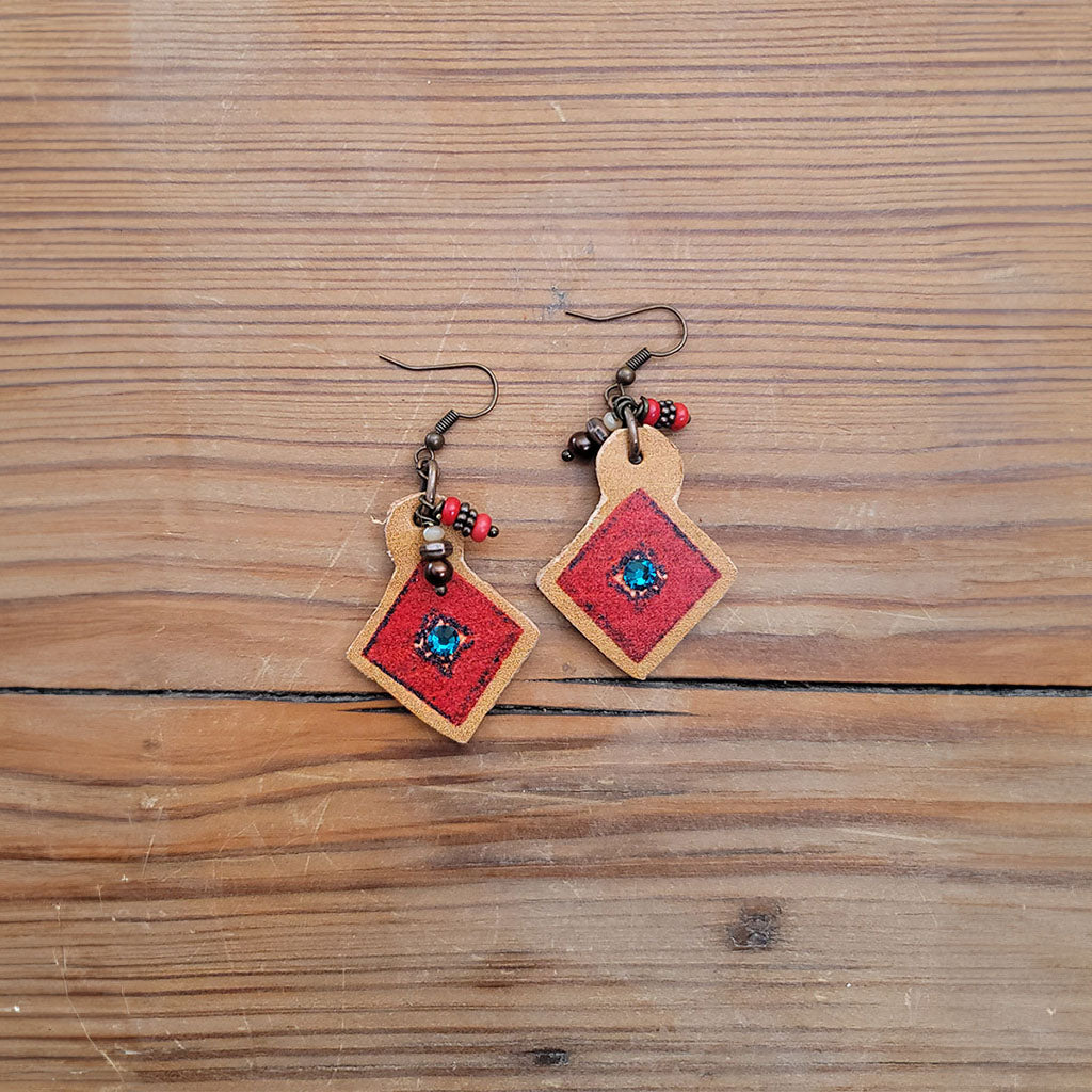 Southwest Red Tile Leather Earrings #2-21