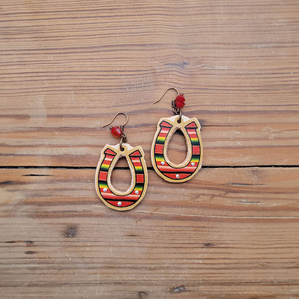Red Serape Horseshoe Leather Earrings #2-37