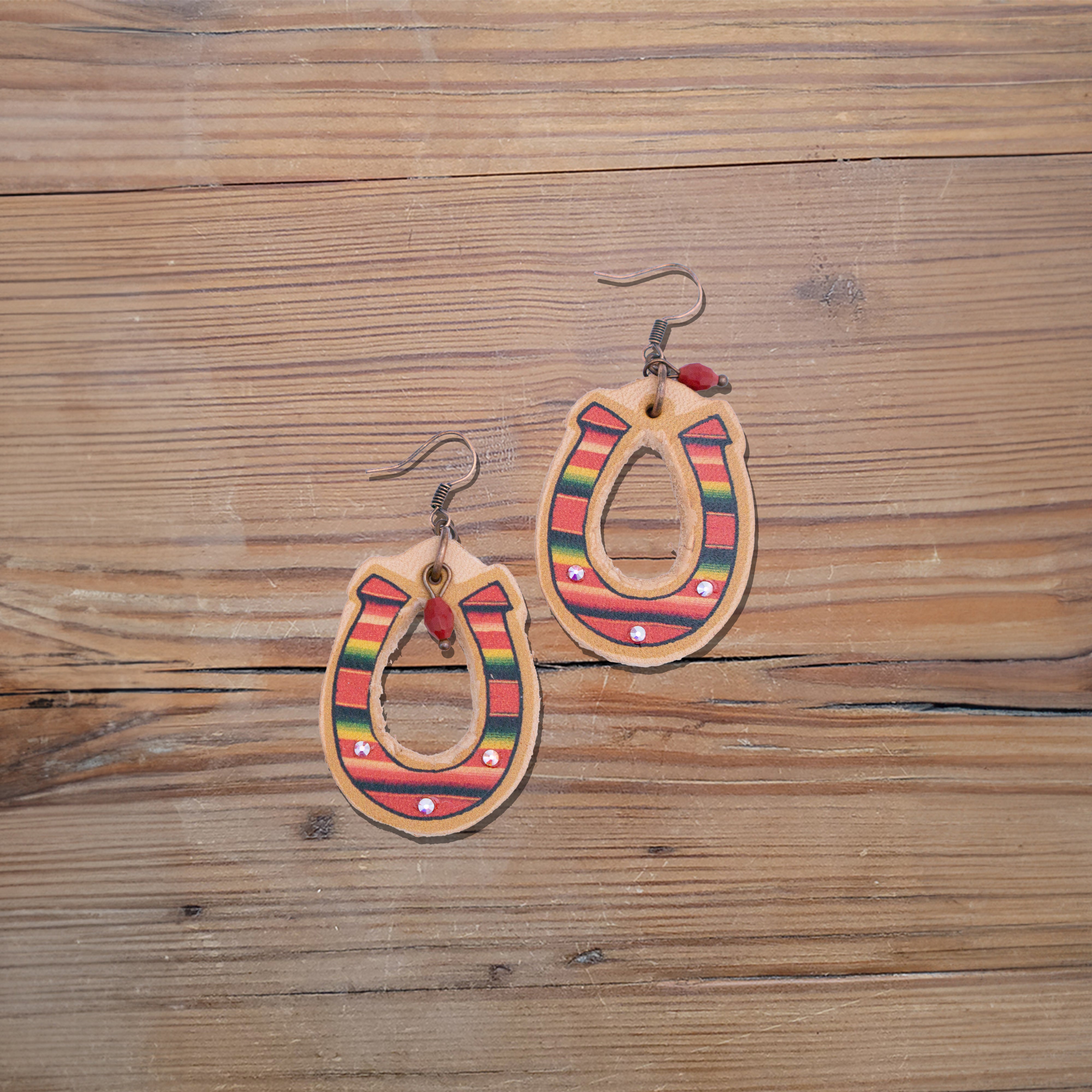 Red Serape Horseshoe Leather Earrings #2-37