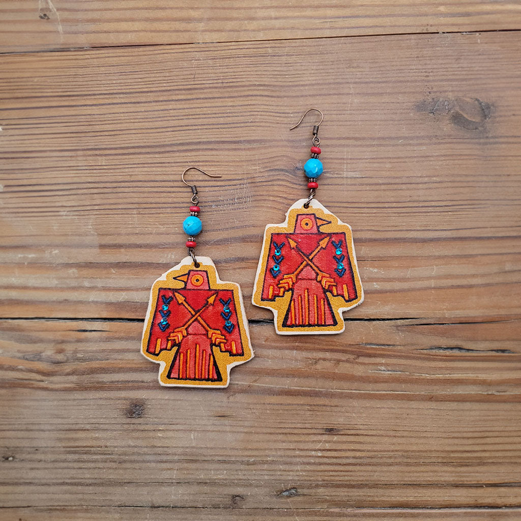 Red Thunderbird Leather Earrings #2-49