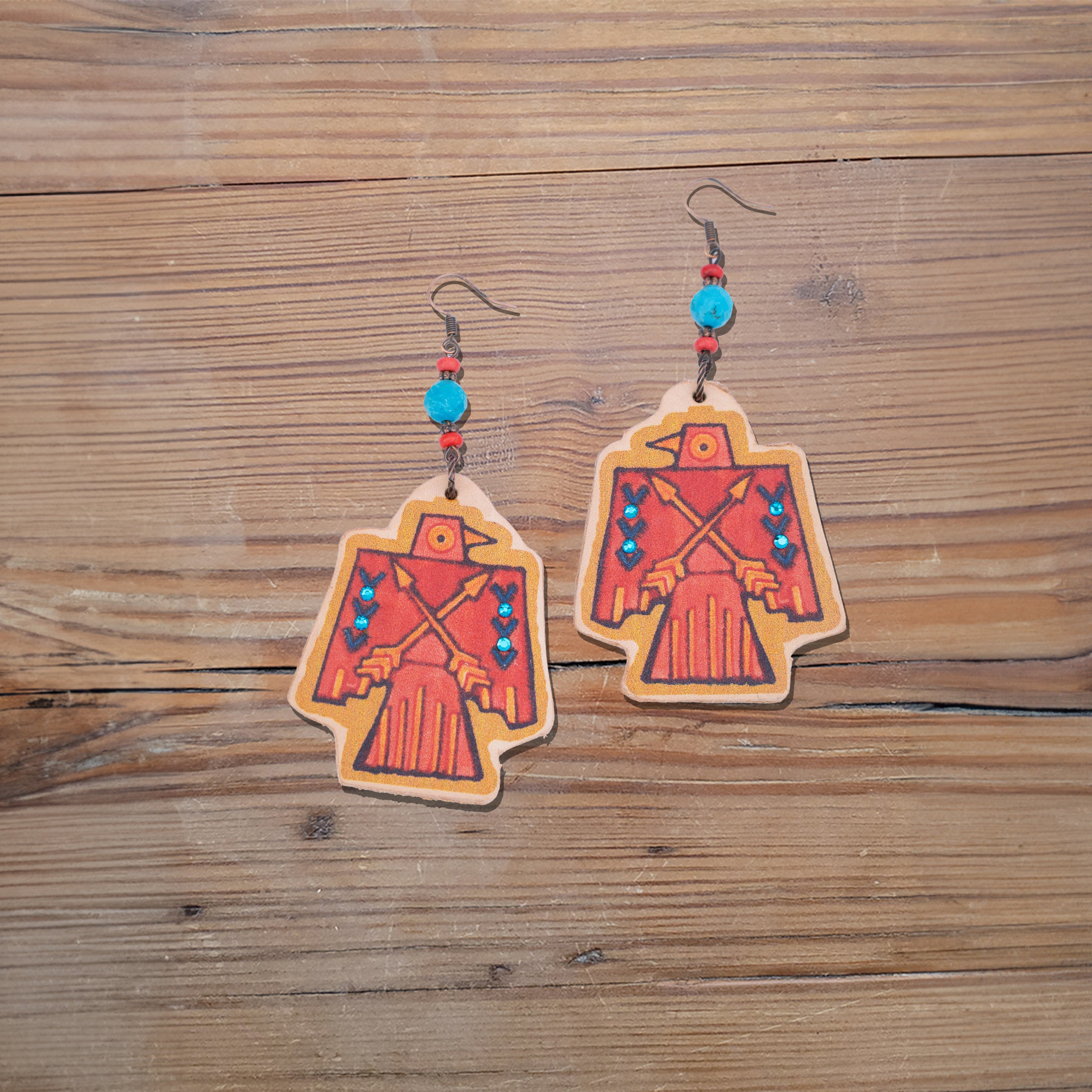 Red Thunderbird Leather Earrings #2-49