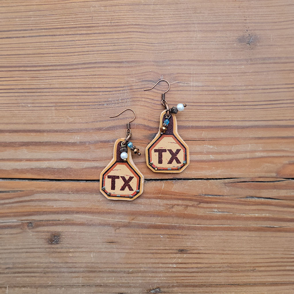 TX Ear Tag Leather Earrings #2-57