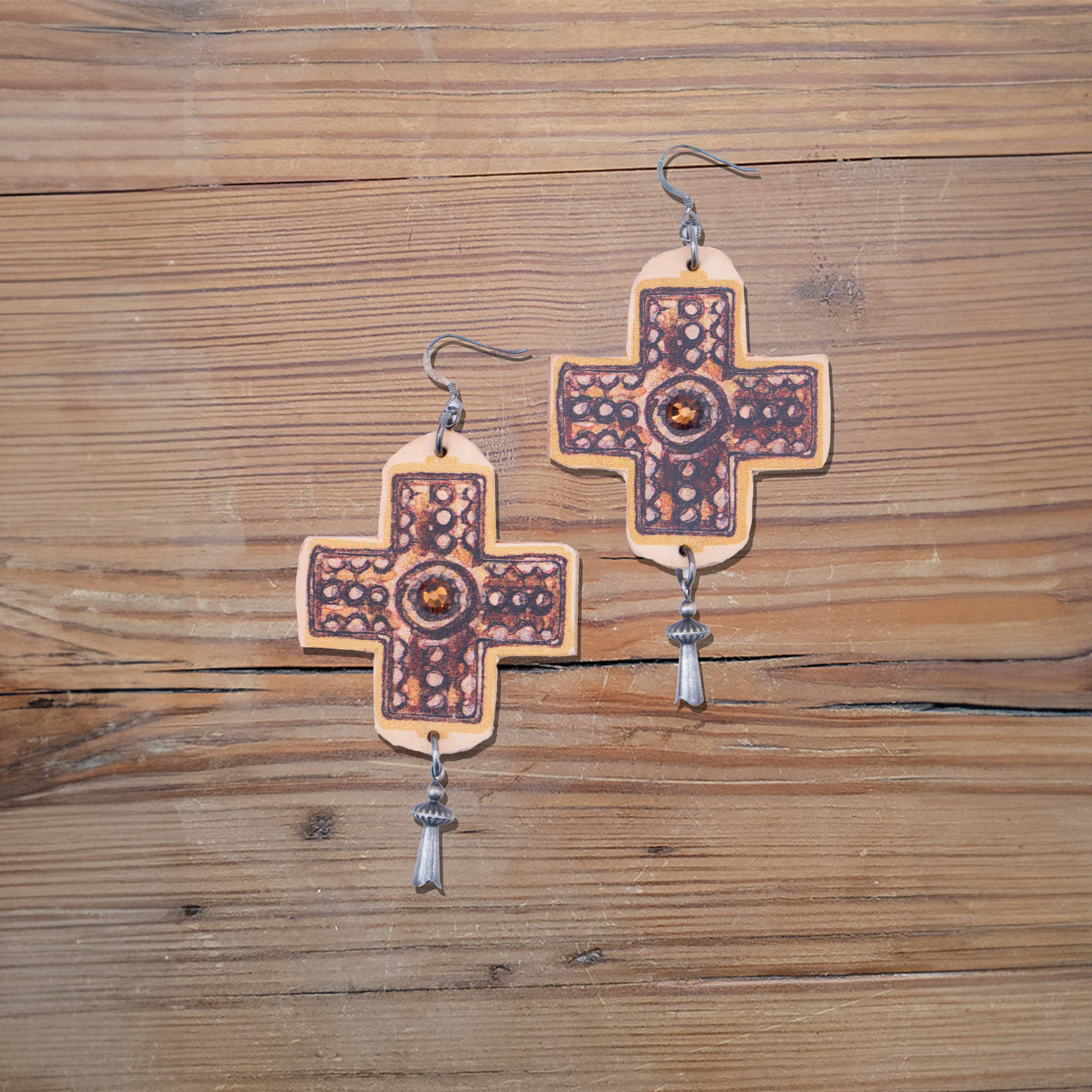 Peyote Cross Leather Earrings #2-74