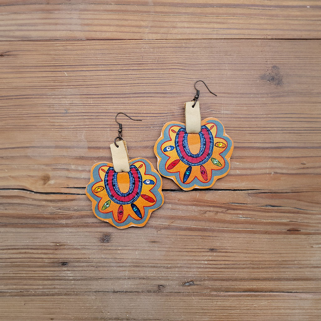 Otomi Flower Leather Earrings #2-98