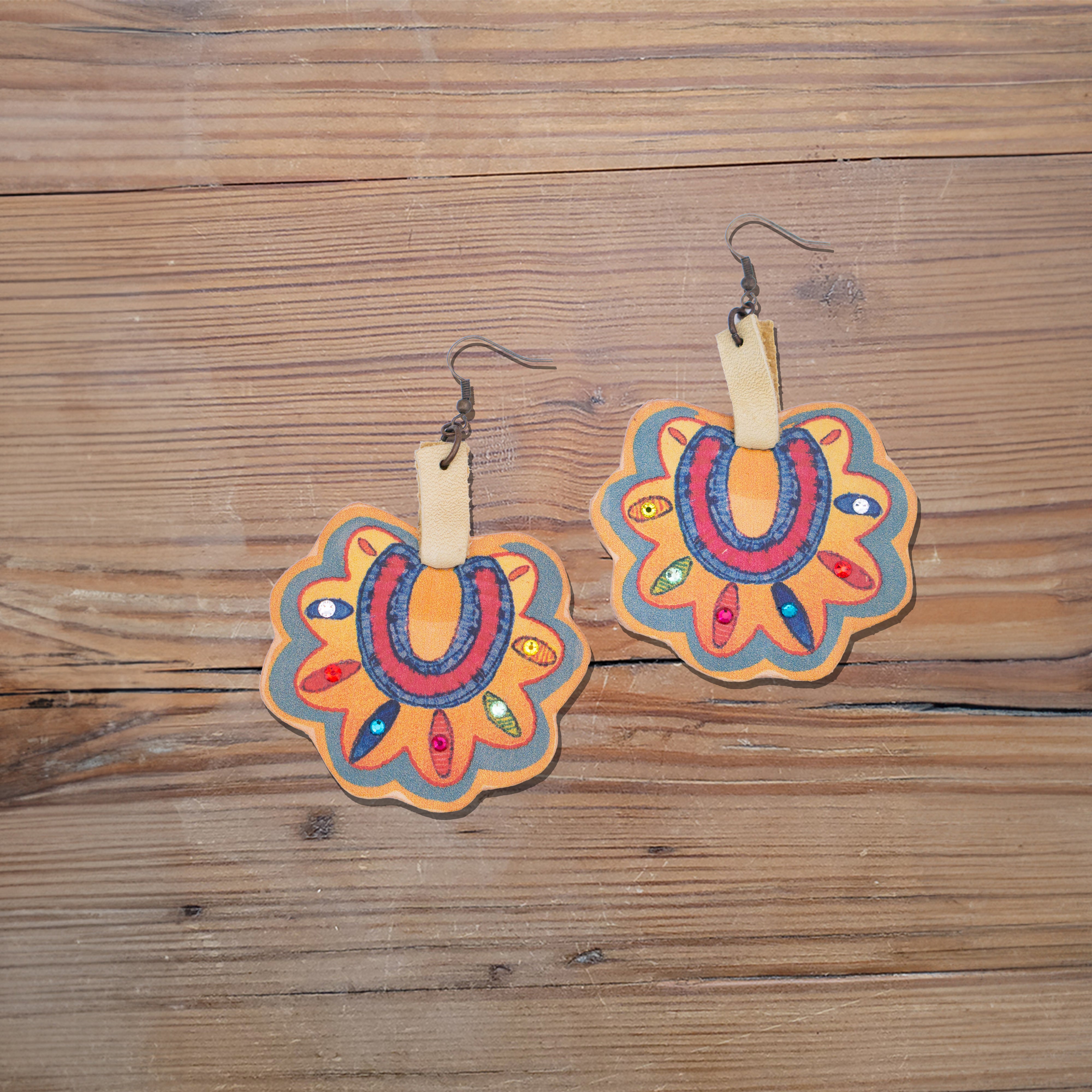 Otomi Flower Leather Earrings #2-98