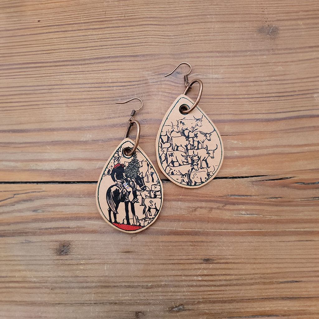 Christmas Cattle Call Leather Earrings #2-A145
