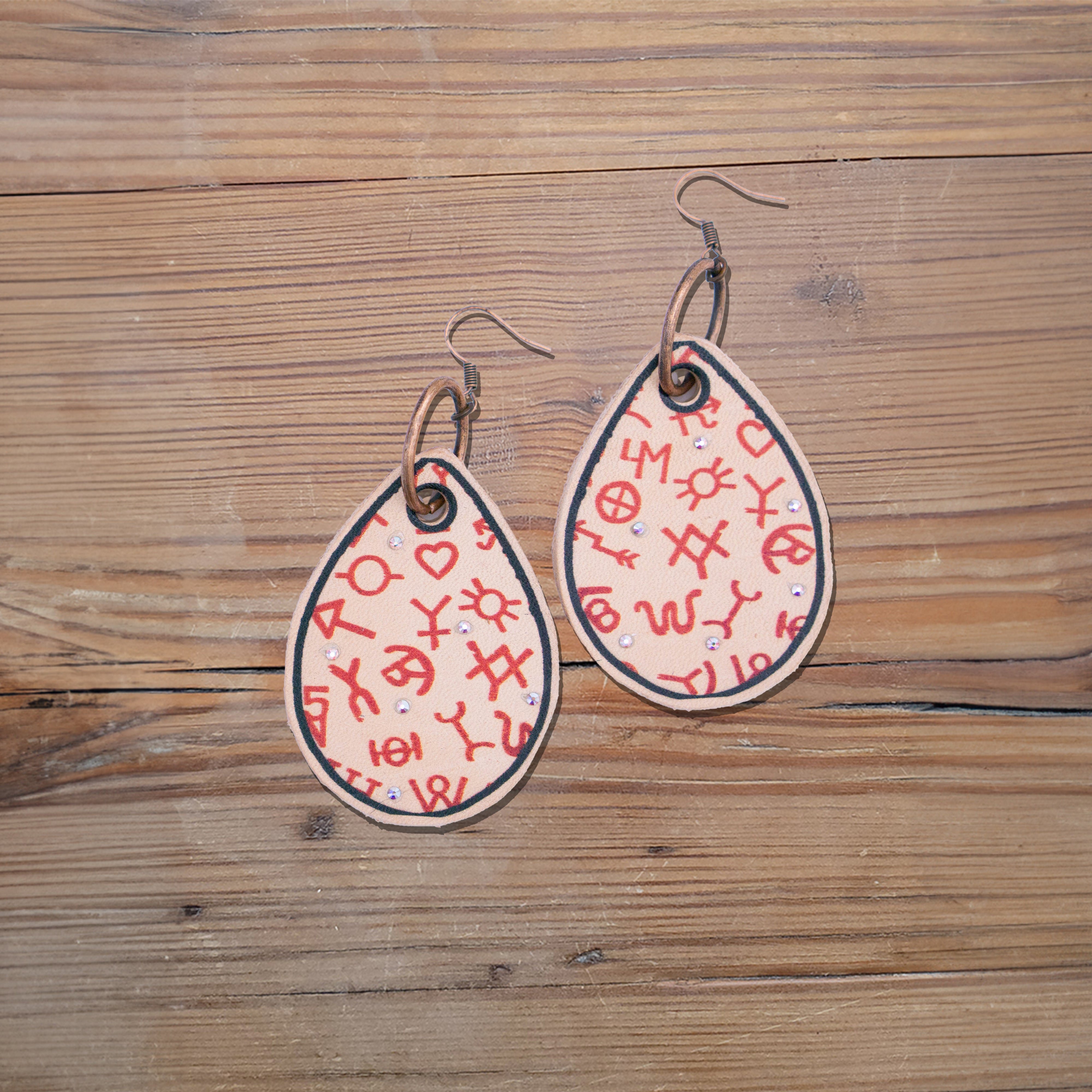 Red Brands on Tan Leather Earrings #2-A103