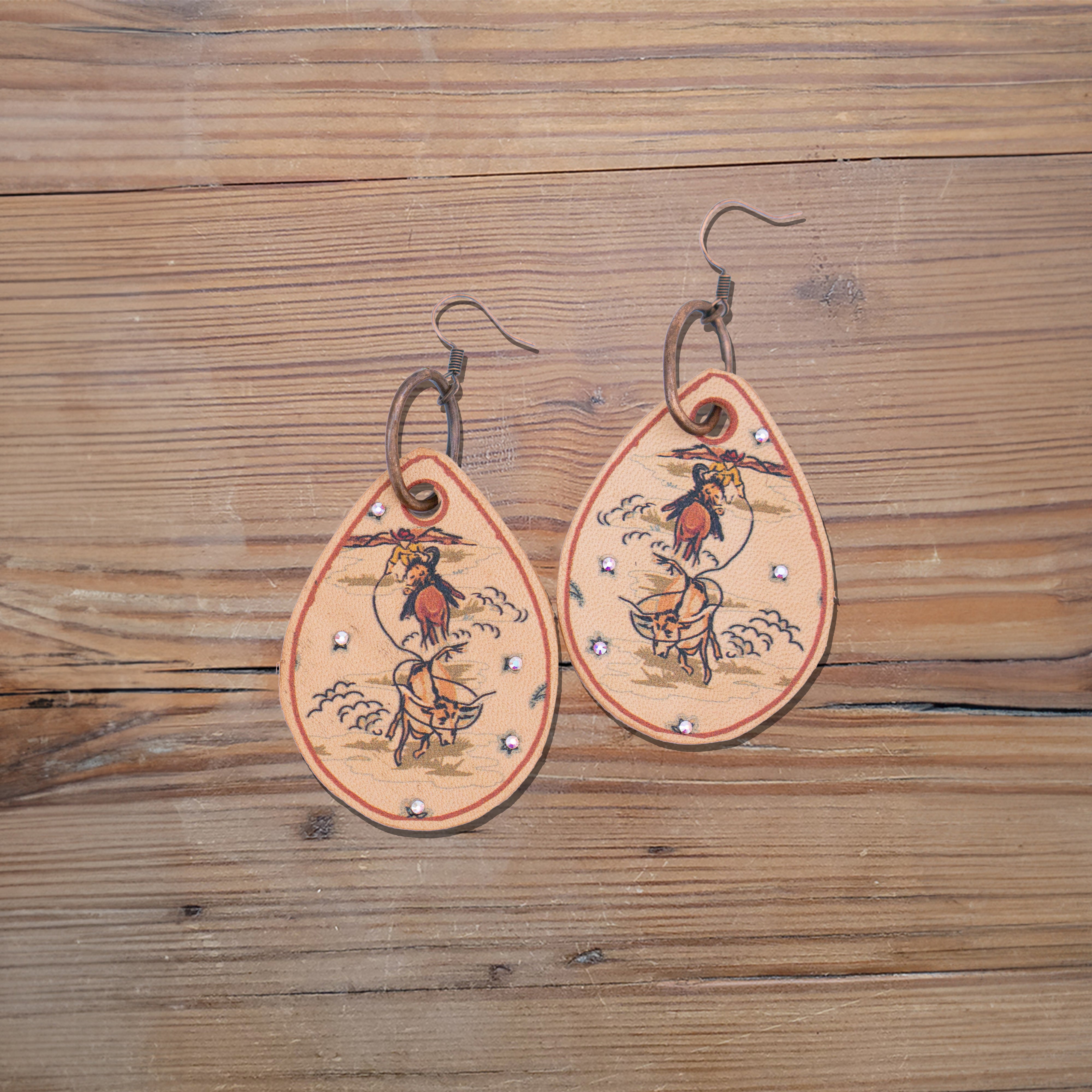 Ranch Roper Steer Leather Earrings #2-A122