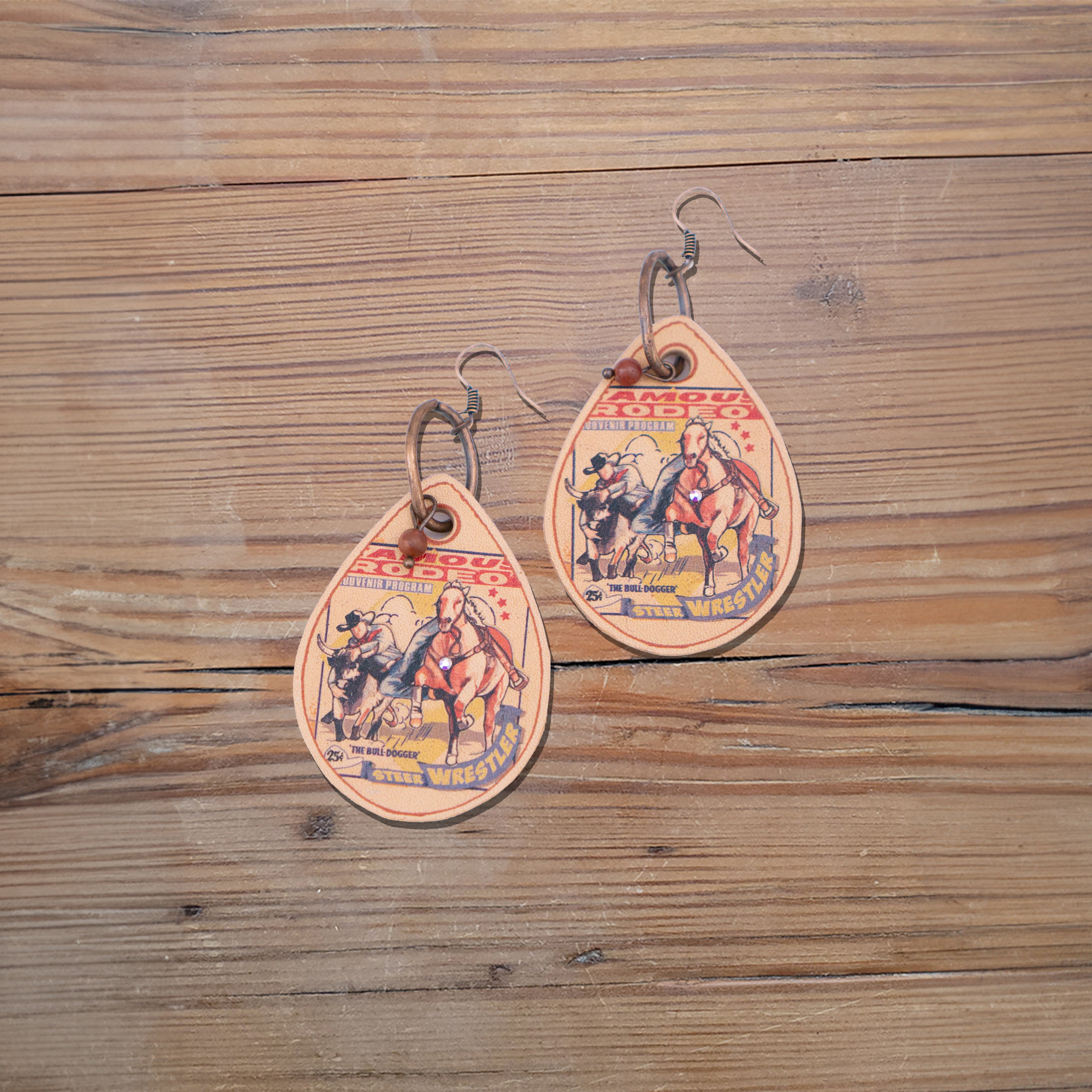 Circus Steer Wrestler Leather Earrings #2-A151