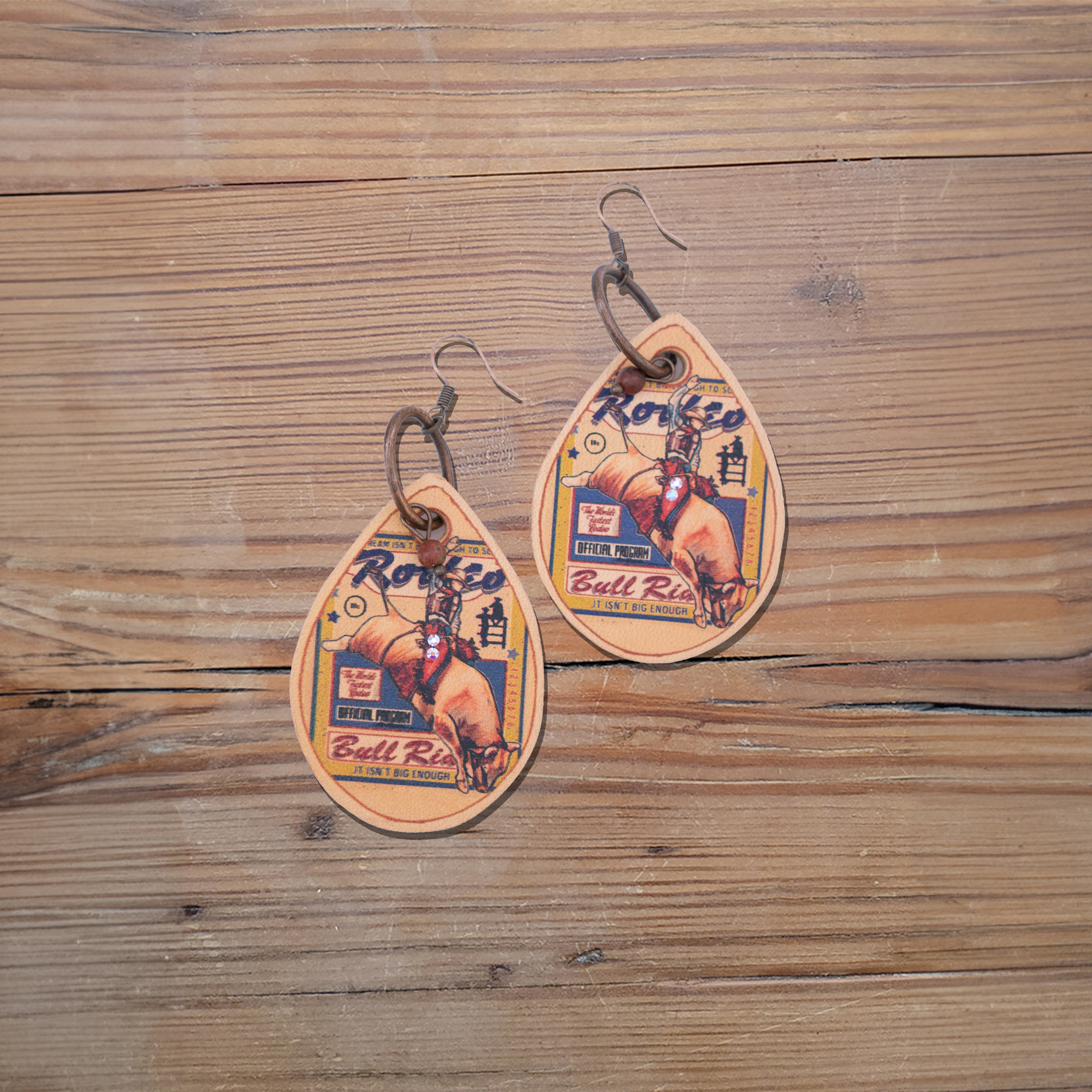 Circus Bull Rider Leather Earrings #2-A153