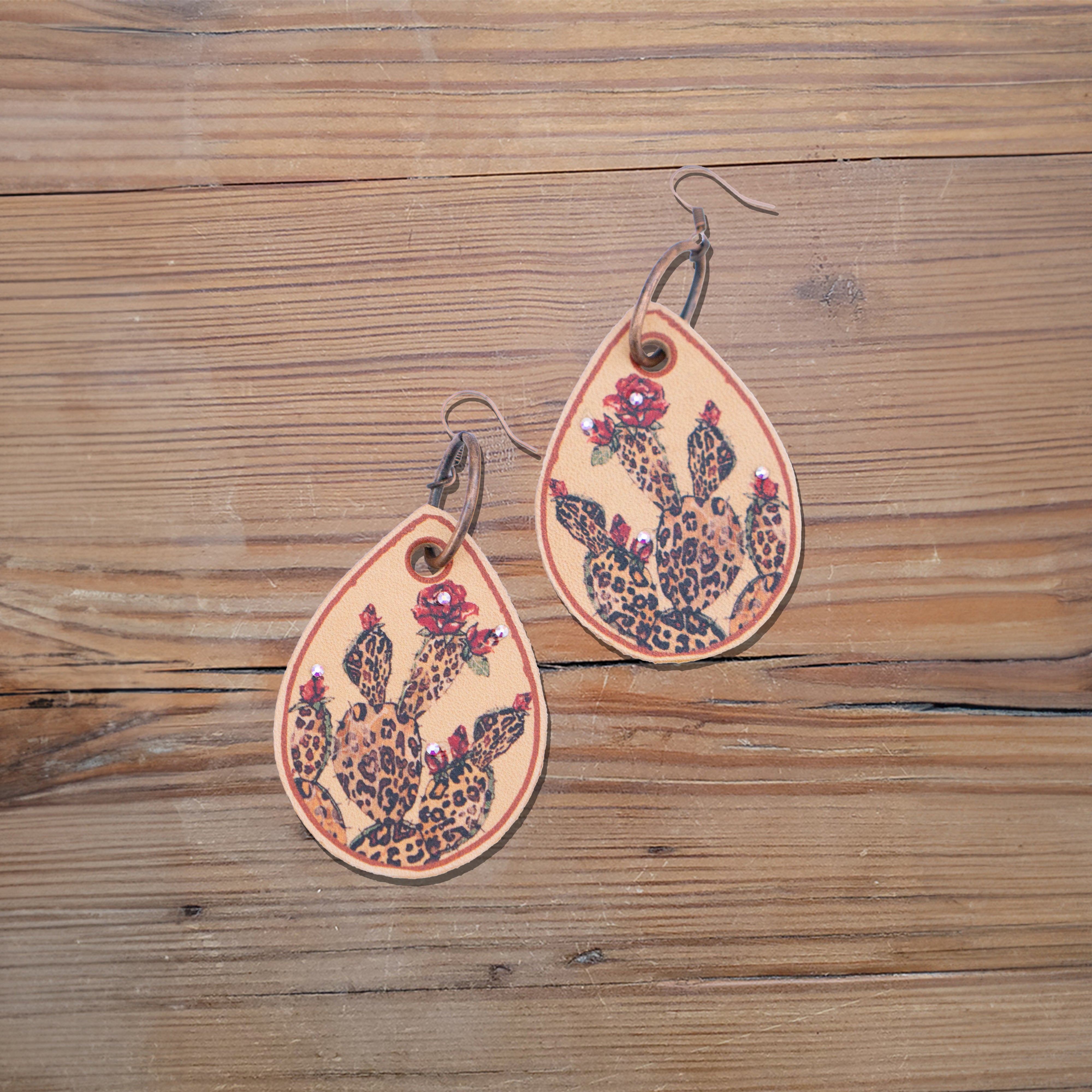 Cheetah Cactus Leather Earrings #2-A29