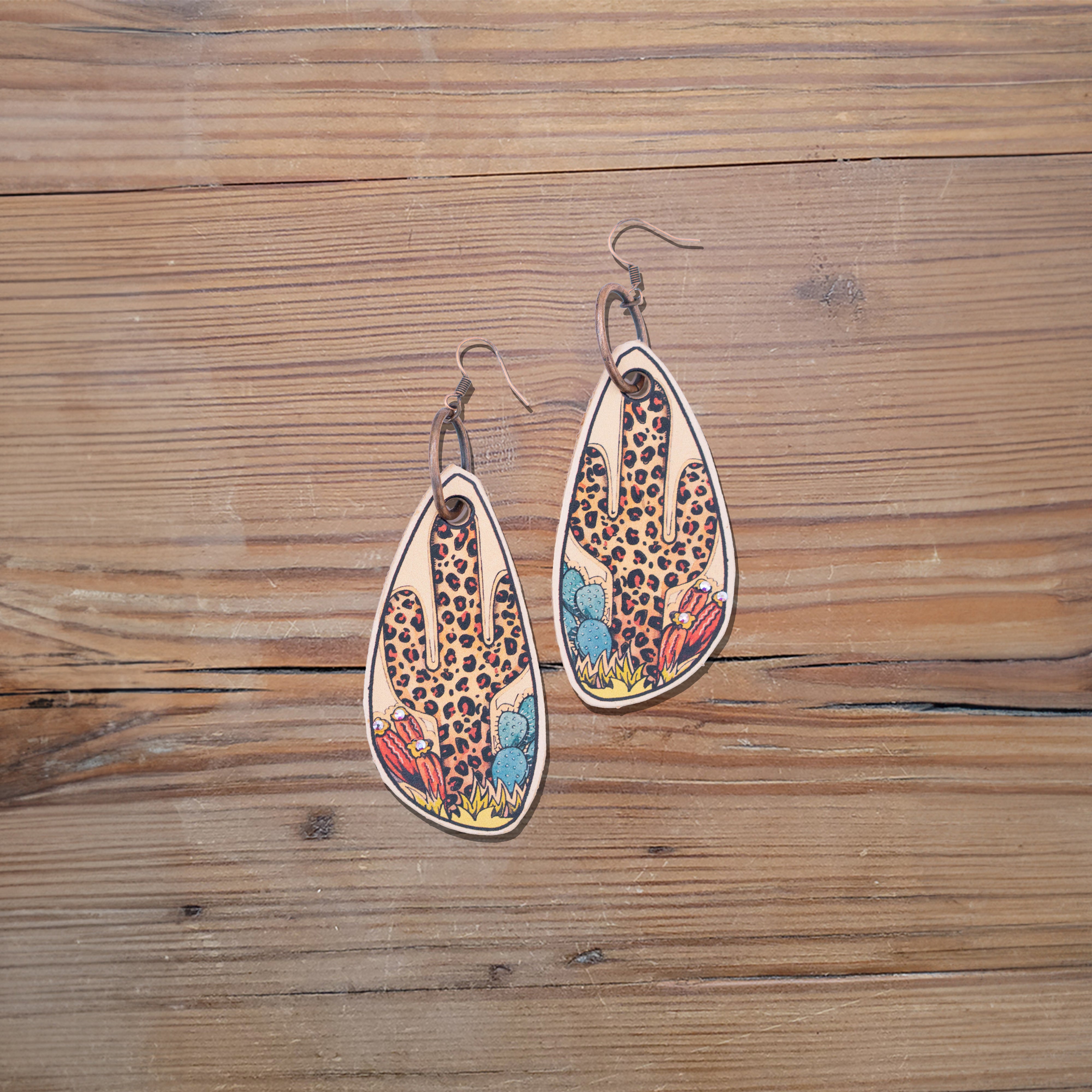 Leopard Saguaro Long Leather Earrings #2-B2