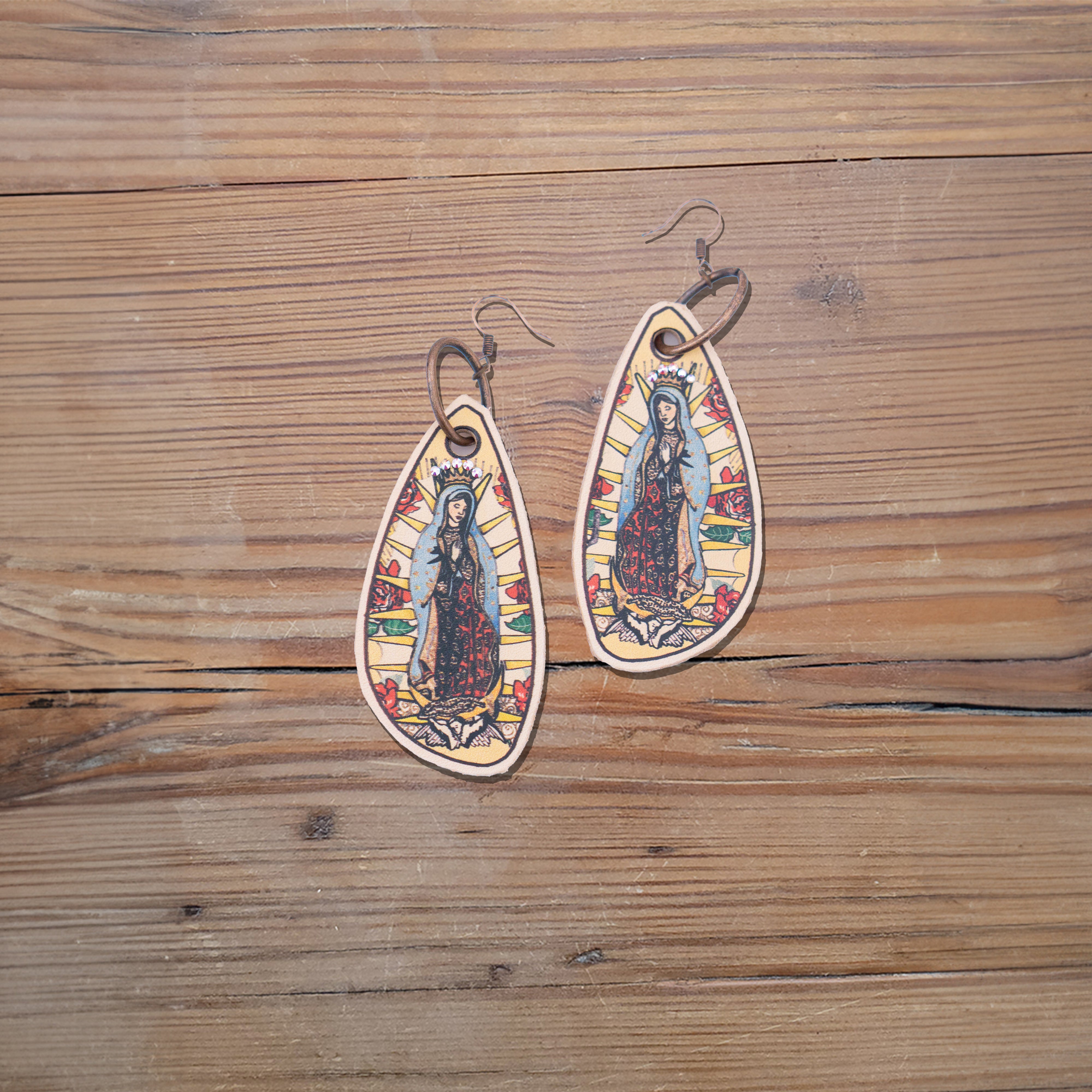 Our Lady Guadalupe Long Leather Earrings #2-B7