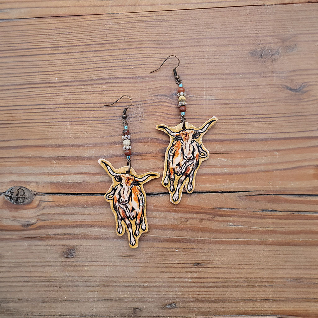 Cattle Drive Longhorn Leather Earrings #3-21