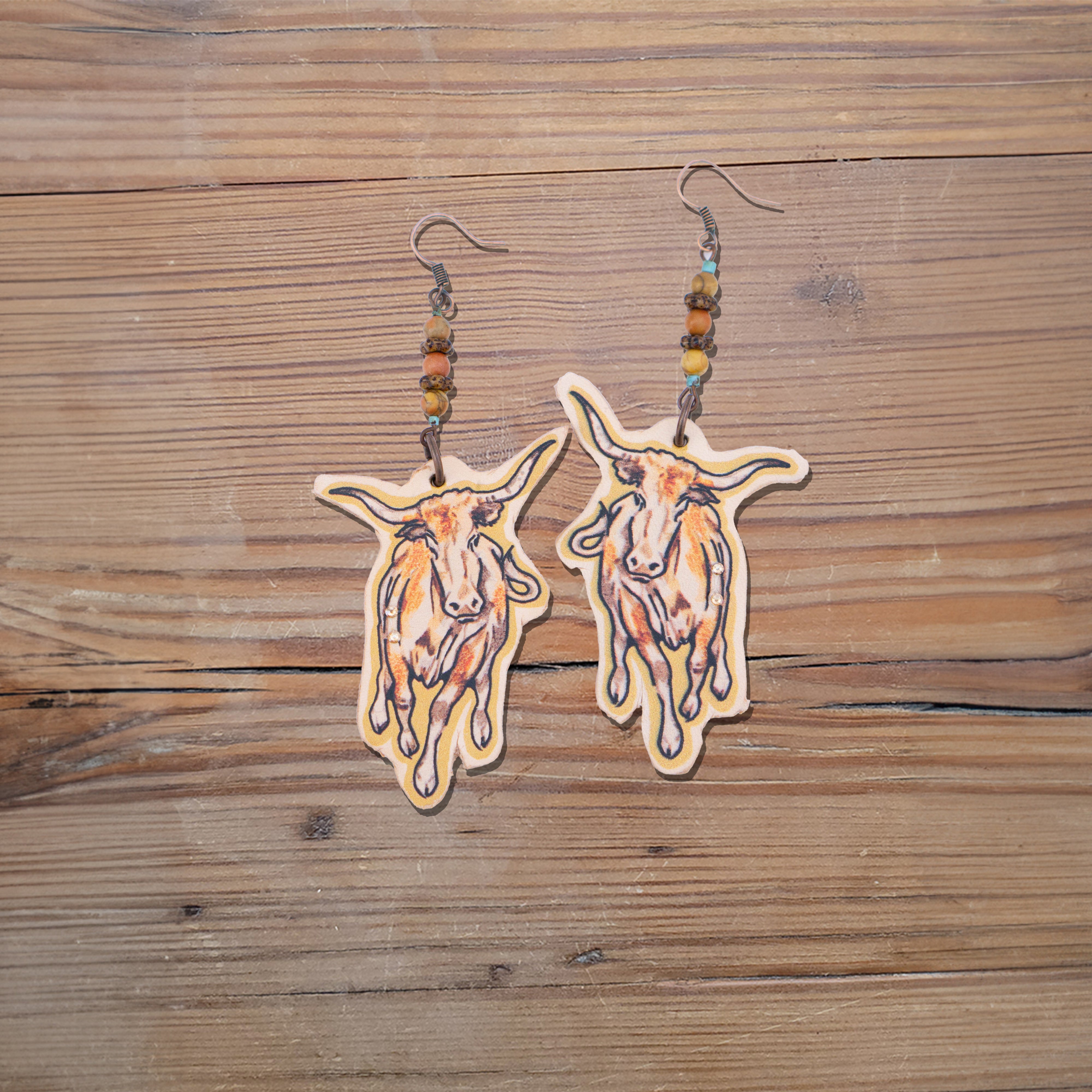 Cattle Drive Longhorn Leather Earrings #3-21