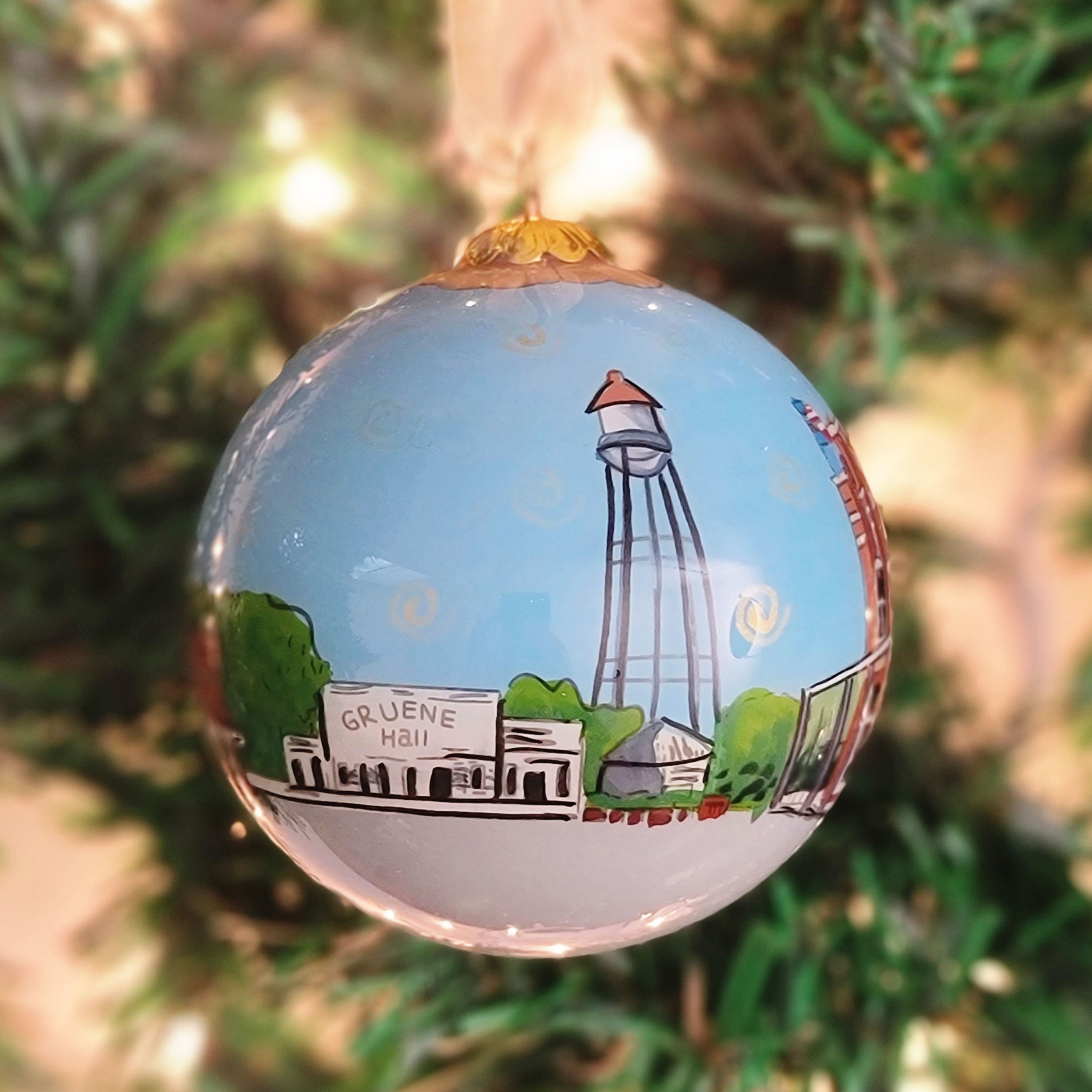 Gruene Town Scene Glass Ornament by Kitty Keller